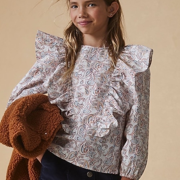 JCrew Crewcuts Girls' cotton poplin ruffle top Ivory paisley long-sleeve XS NWT - Picture 3 of 4